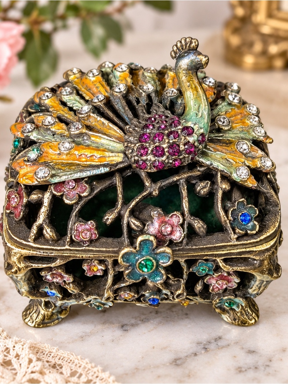 Jeweled Peacock Trinket Box 2” Rhinestone Enamel Miniature Keepsake Box